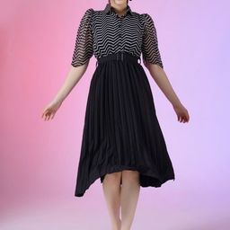 Krunal Raiyani Women Striped Printed Accordion Pleats Fit & Flare Dress.Comes with a belt-image-84