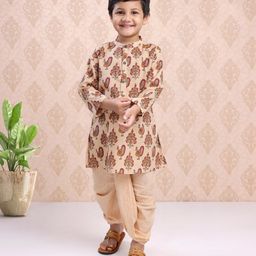 Babyhug Full Sleeves Kurta & Dhoti Peacock Print - Cream-image-6