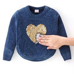 Babyhug Knit Full Sleeves Reversible Sequined Sweater - Blue-image-28