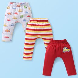 Babyhug Cotton Knit Full Length Diaper Pants Striped & Car Printed Pack of 3 - Multicolour-image-84