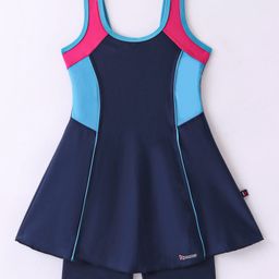 Rovars Cotton Blend Sleeveless Color Blocked Frock Swimsuit - Navy Blue & Pink-image-22