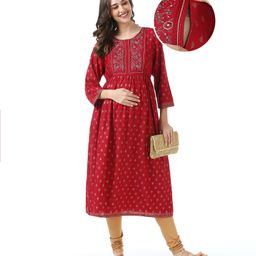 Bella Mama Woven Three Fourth Sleeves Floral Embroidered Yoke & Printed Maternity Kurta with Pocket Detailing - Maroon-image-86