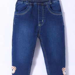 Little Kangaroos 100 % Cotton Denim Full Length Jeans with Bear Embroidery Detailing - Dark Blue-picture-40