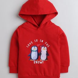 BUMZEE Cotton Fleece Full Sleeves Penguin Printed Hooded Sweatshirt - Red-image-44