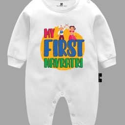 The Peppy Tend Navratri Theme 100% Cotton Full Sleeves My First Navratri Text Printed Romper - White-picture-45