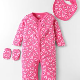 Doodle Poodle Interlock Knit Full Sleeves Heart Printed Romper With Bib & Mittens - Dark Pink-image-56