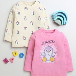 BUMZEE Pack Of 2 Cotton Full Sleeves Penguin Printed Tees - Pink & Beige-image-12