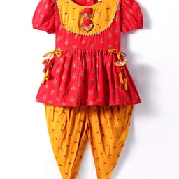 Saka Designs Rayon Woven Half Puffed Sleeves Kurta Patiala Set with Floral Print - Mustard & Red-picture-11