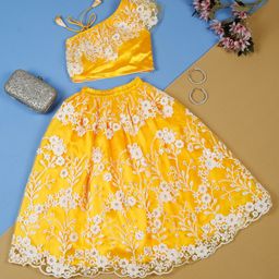 Saka Designs By Sapna One Shoulder Floral Embroidered Mirror Work Yellow Lehenga Choli - Yellow-image-6