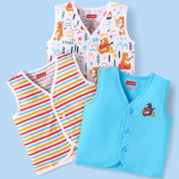 Babyhug 100% Cotton Knit Sleeveless Jhablas with Bear Print & Stripes Pack of 3 - Light Blue & White-image-86