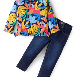 Babyhug Single Jersey Knit Full Sleeves Top & Denim Jeans Set With Tropical Theme Print - Navy Blue-image-78