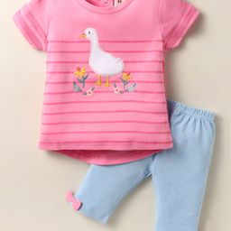 ToffyHouse Knit Half Sleeves Top & Lounge Pant Set With Duck Embroidery & Polka Dot Print - Pink & Blue-image-36