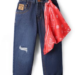 Little Kangaroos Full Length Anti Bacterial Washed Denim Jeans With Distressed Pattern & Scarf - Navy Blue-picture-6