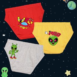 NUSYL Cotton Pack Of 3 Space Theme Printed Briefs - Red Yellow & Grey-image-99