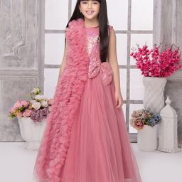 Tiny Kingdom Net Sleeveless Bow Applique & Ruffle Detailed Sequins Embellished Gown - Pink-image-47