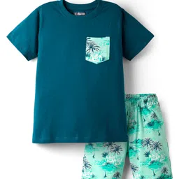 Pine Kids Single Jersey Knit Half Sleeves Night Suit With Tropical Theme Print - Teal Blue-picture-19