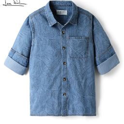 Arias Cotton Woven Full Sleeves Denim Shirt With Leaves Print - Blue-image-74
