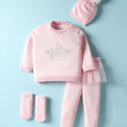 Yellow Apple Cotton Knitted Full Sleeves Crown Embroidered Pullover Sweater Set With Cap & Booties - Baby Pink-picture-9