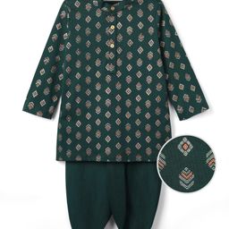 EARTHY TOUCH Single Jersey Knit Full Sleeves Printed Kurta Dhoti Set - Dark Green-image-52