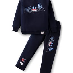Olio Kids Looper Knit Full Sleeves Winter Wear Set With Posia Text Print - Navy Blue-picture-32