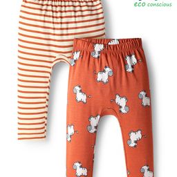 Babyoye 100% Cotton Knit Full Length Diaper Leggings with Animal Print & Stripes Pack of 2 - Rust Orange & Beige-picture-10