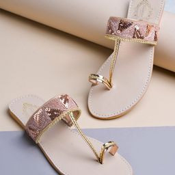 Shoetopia Sequins Embellished Slip On Kolhapuri Sandals - Rose Gold-image-49