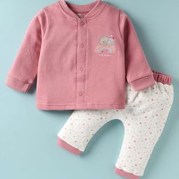 I Bears Fleece Knit Full Sleeves Winter Wear Suit with Heart & Rainbow Print - Rose Gold-image-89