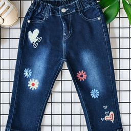 Bella Moda Denim Woven Floral & Hearts Embroidered Washed Stretchable Jeans - Navy Blue-picture-13