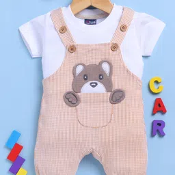 Jb Club Cotton Knit Teddy Bear Patch Embroidered Dungaree With Half Sleeves Tee Set - Brown-picture-46