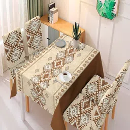 HOKIPO Moss Brown 5 Pieces Rhombus Printed Dining Chair Covers With Matching Table Cloth-image-19
