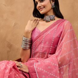 Saree mall Geometric Printed Gotta Patti Organza Leheriya Sarees-picture-6
