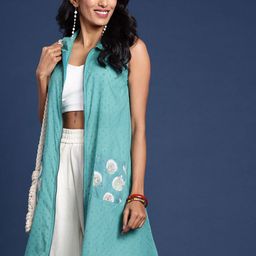 Taavi Pure Cotton Printed Dobby Gulli Sanganeri Longline Shrug-49
