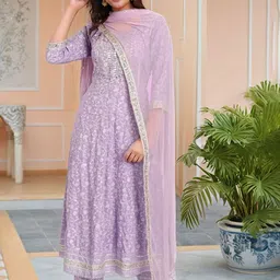 GoSriKi Floral Printed Mirror Work Panelled Anarkali Kurta With Palazzos & Dupatta-picture-11