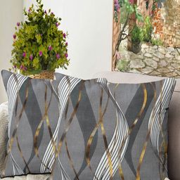 Blue Grass Grey & Gold-Toned 2 Pieces Abstract Printed Velvet Square Cushion Covers-image-13