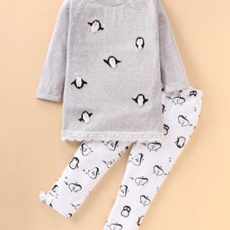 ToffyHouse Full Sleeves Winter Wear Top & Pant  Set With Penguin Design - Light Grey-image-59