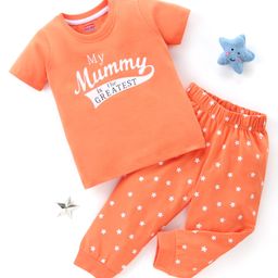 Babyhug Cotton Knit Half Sleeves Night Suit My Mummy is the Greatest Print - Orange-image-48