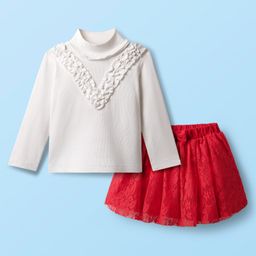 Babyhug 100% Cotton Knit Full Sleeves Top & Skirt Solid Colour - White & Red-image-94