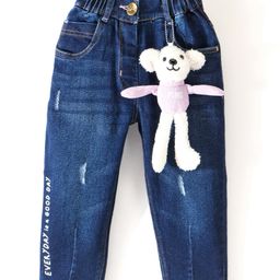 Little Kangaroos 100 % Cotton Full Length Washed Denim Jeans with Teddy - Dark Blue-picture-44