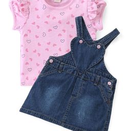 ToffyHouse 100% Cotton Knit Half Sleeves Heart Printed T-Shirt with Frill Detailing &  Denim Dungaree - Pink-picture-10