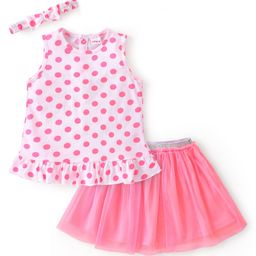 Babyhug 100% Cotton Knit Sleeveless Top & Skirt With Polka Dot Print - White & Pink-picture-21