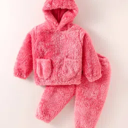 Kookie Kids Fur Woven Hooded Winter Night Suit With Ear & Pocket Detailing - Baby Pink-picture-13