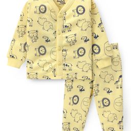 Doodle Poodle Cotton Knit Full Sleeves Animal Printed Front Open Thermal Vest & Pant Set - Khaki-image-97