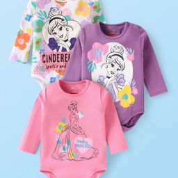 Babyhug Disney Interlock Knit Full Sleeves Onesies with Disney Princess Graphics Pack of 3- White Pink & Purple-image-42