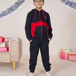 Kiddopanti Fleece Full Sleeves Front Zip Up Cut And Sew Hooded Sweatshirt With Joggers - Black & Red & Black-picture-30