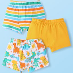 Babyhug 100% Cotton Knit Trunks With Stripes & Dino Print Pack of 3 - White & Yellow-image-42