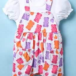 Babyoye Interlock Knit Dungaree & Half Sleeves T-Shirt With Teddy Bear Print - White-image-93