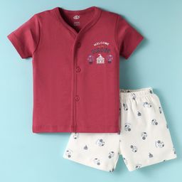Zero Interlock Knit Front Open Half Sleeves Shorts Night Suit With Circus Print - Maroon & White-10