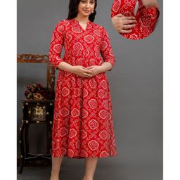 CeleBravo Rayon Three Fourth Sleeves Bandhani Printed Maternity Dress With Nursing Access - Red-image-89