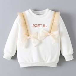 Mark & Mia Full Sleeves Sweatshirt With Bow Applique & Text Print - White-image-3