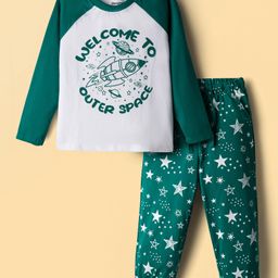 Honeyhap Premium 100% Cotton Knit Full Raglan Sleeves Night Suit With Bio Finish & Text Print - Cadmium Green-picture-0